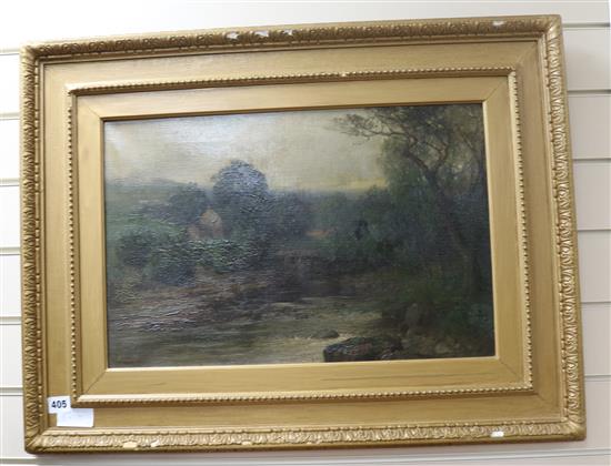 Albert Gilbert, oil on canvas, Clydach Falls, inscribed verso, 10 x 16in. and an oil riverscape by J. Lee, 14 x 20.5in.